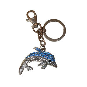 Dolphin Rhinestone Blue Clear Metal Keychain Purse Clip Silver Bronze Tone